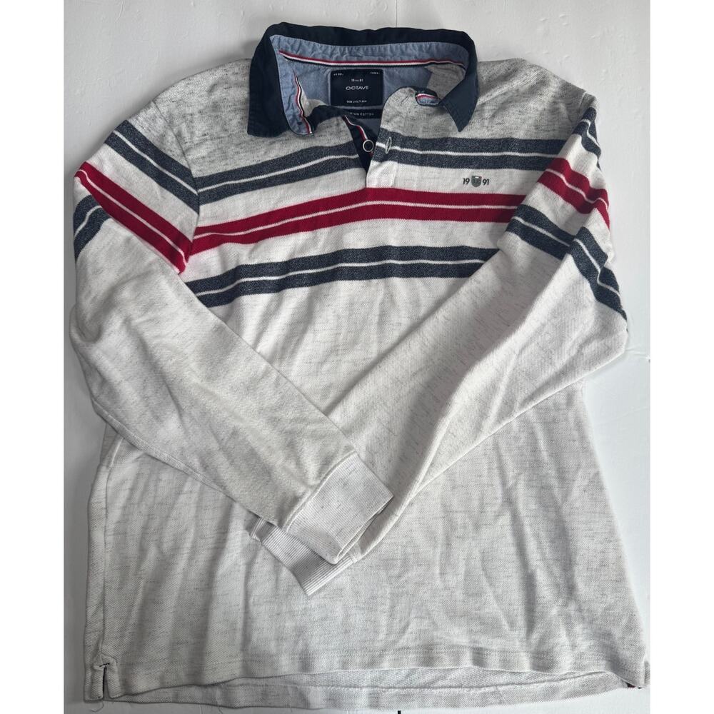 Octave Mens 2XL Striped Rugby Polo Shirt Long Sleeve Cotton White Blue Red